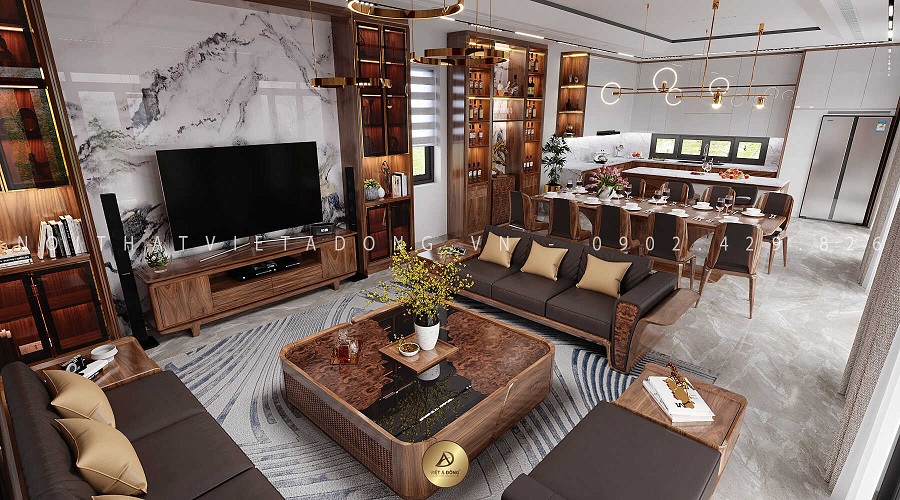 Nội thất phòng khách gỗ óc chó